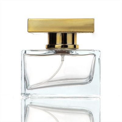 Custom 100 ML Flat Square Clear Perfume Glass Bottles With Square Gold Lids