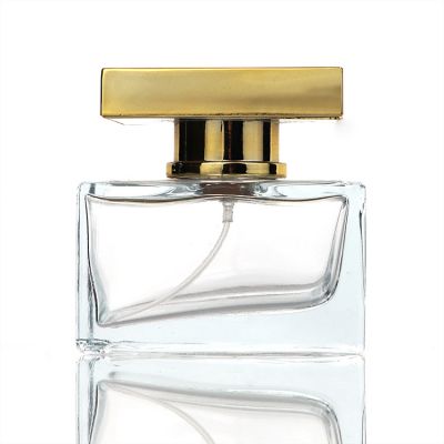 Custom 100 ML Flat Square Clear Perfume Glass Bottles With Square Gold Lids