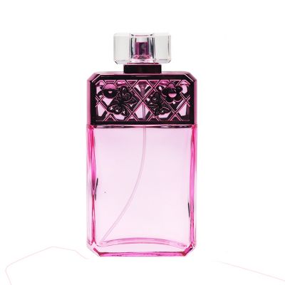 Custom 100 ML Square Fuchsia Violet Pink Flower Hollow Relief Perfume Glass Bottle
