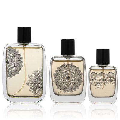 Wholesale 30ml 50ml 100ml Transparent Square bottle glass perfume mist spray bottles dispenser with lid