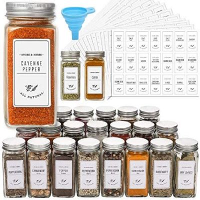 24 Pcs Glass Spice Jars with White Printed Spice Labels - 4oz Empty Square Spice Bottles - Shaker Lids and Airtight Metal Caps - Silicone Collapsible Funnel