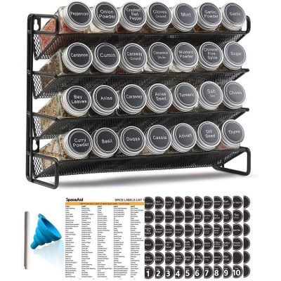  28 Glass Spice Jars (4oz), Spice Labels, Chalk Marker and Funnel Set for Cabinet Pantry Cupboard Door Countertop or Wall Mount - Black