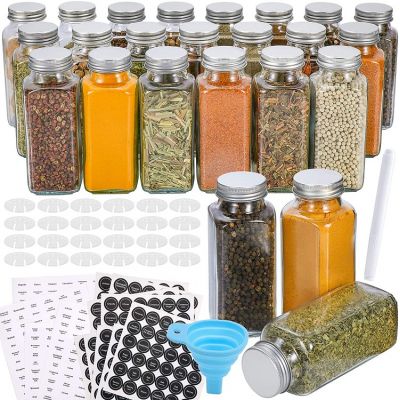 24 Pcs Glass Spice Jars with Spice Labels - 8oz Empty Square Spice Bottles - Shaker Lids and Airtight Metal Caps