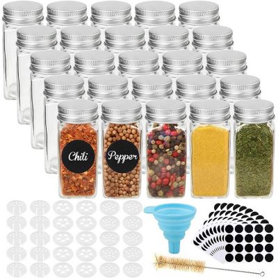 25pcs 4oz Glass Spice Jars Spice Bottles, Square Empty Spice Containers with 30pcs Shaker Lids 200pcs Blank Waterproof Labels Silicone Collapsible Funnel Test Tube Brush
