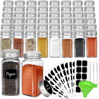48 Pack 4oz Glass Spice Jars Bottles, Square Spice Containers with Silver Metal Caps and Pour/Sift Shaker Lid-80pcs Black Labels,1pcs Silicone Collapsible Funnel and 2pcs Brush Included
