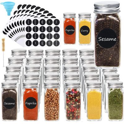 30pcs 4oz Glass Spice Jars with Labels, Empty Square Spice Bottles Seasoning Container with Shaker Lids, Funnel,Brush, Small Glass Bottles Spice Containers Organizer for Cabinet，Spices Storage