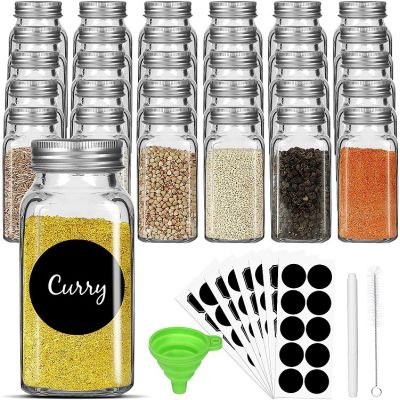 6 oz 180 ml Glass Spice Jars Bottles, Square Spice Containers with Silver Metal Caps and Pour/Sift Shaker Lid