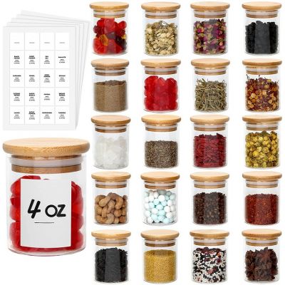 Glass Spice Jars Set,Clear Food Storage Containers with Bamboo Wooden Airtight Lids and Labels