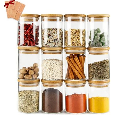 Glass Jars Set of 12, Chrider Spice Glass Jars with Bamboo Wooden Airtight Lids and Labels
