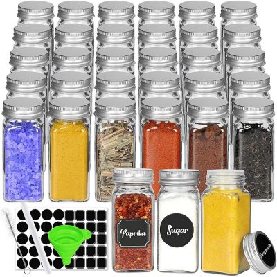 Glass Spice Jars with Spice Labels ,4oz Empty Square Spice Bottles with Shaker Lids and Airtight Metal Caps