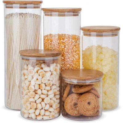 Glass Food Storage Containers Set,Airtight Food Jars with Bamboo Wooden Lids - Set of 5 Kitchen Canisters For Sugar,Candy, Cookie, Rice and Spice Jars