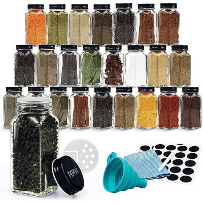 24 square spice jars, 4oz Empty Square Spice Bottles with Shaker Lids and Airtight Black Metal Caps