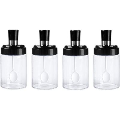 Glass Spice Jars Seasonning Box Set of 4, Condiment Pots Spice Jars with Spoons, Oil Bottle Honey Jar Dispenser, Airtight Cap Transparent (8.45oz)