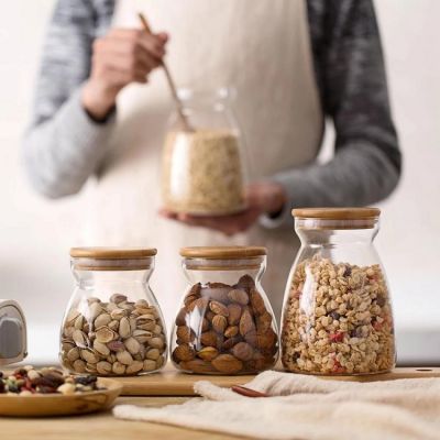 Kitchen Storage Containers Transparent Glass Food Storage Jar Bottle Wood Plug Cereal Container Kitchen Organizer