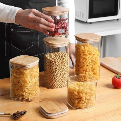 Glass Spice Jars and Lids, Food Storage Kitchen Container, Flour Sugar Tea Coffee Sugar Storage Jars Transparent Organizer Box