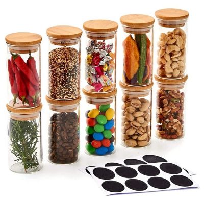 Glass Spice Jars 6-Bottles Mini Canister Set, Small Air Tight Storage Containers with Bamboo Lids Kitchen Cereal Organizer