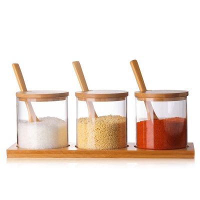 Glass condiment condiment bottle Kitchen supplies condiment jar Glass condiment box set with wooden spoon