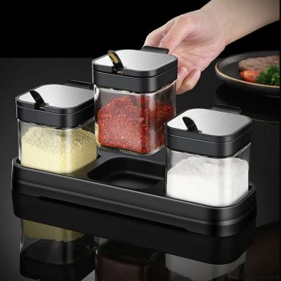 Kitchen Seasoning Box Combination Jar Glass Salt Shaker Grains Tank Sugar Organization Set with 304 Stainless Steel Spoon