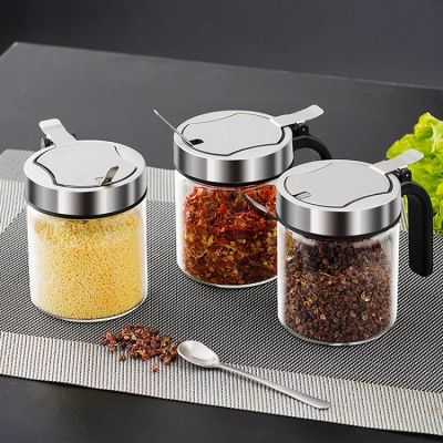 Glass Stainless Steel Spices Bottle Kitchen Sugar Salt Storage Jars New Condiment Container Seasoning Storage Box with Spoon 1Pc