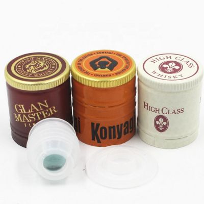 Custom Logo embossed 30*35 mm BVP side offset printing aluminum vodka whiskey tequila glass bottle caps with ropp