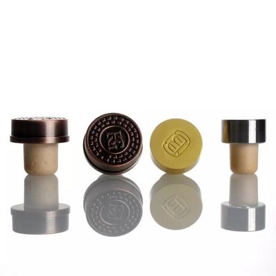 logo custom wooden plastic aluminum zinc alloy synthetic T shape cork bottle stopper for spirits brandy cognac