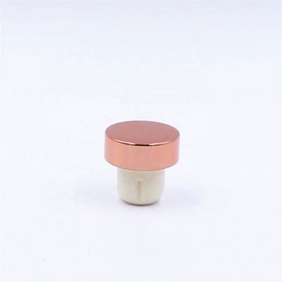 Low MOQ customized T shape rose golden color aluminum wine spirits liquor bottle top cap synthetic cork bottle stopper