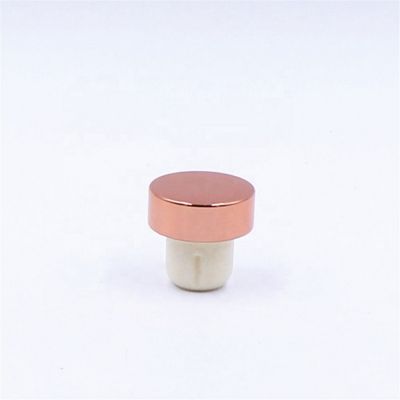 Low MOQ customized T shape rose golden color aluminum wine spirits liquor bottle top cap synthetic cork bottle stopper