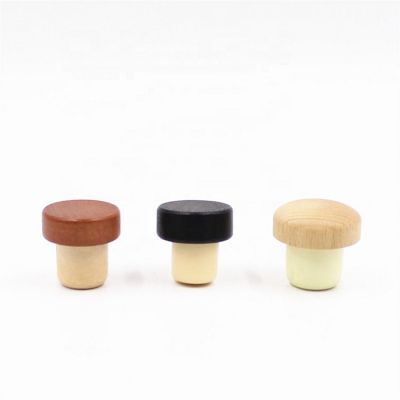 Low MOQ customized T shape beech color wooden top cap wine spirits liquor synthetic cork bottle stopper