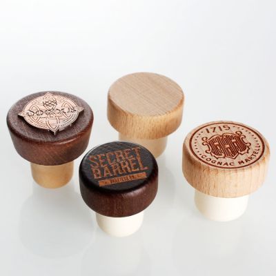 Logo customized wooden top with synthetic cork stopper for whisky rum vodka gin brandy bottle