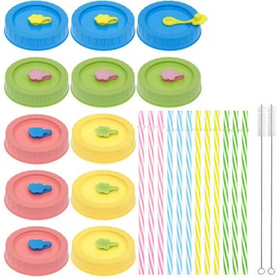 Hot Selling 70mm Food Safe Colorful Plastic Mason Jar Lids With Silicone Straw Plug