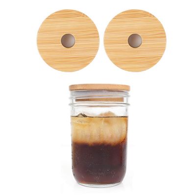 Bulk 86mm Natural Bamboo Mason Jar Straw Hole Lids for Boba Smoothies Drinking