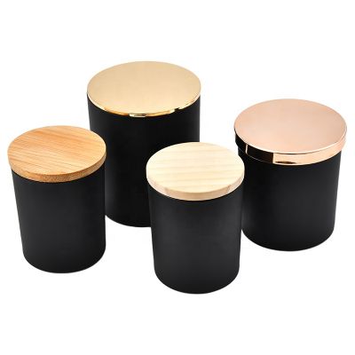 Home decoration Matte black glass candle jar aromatherapy wax soybean wax candlestick oil jar Zinc alloy metal lid wood lid