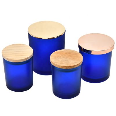 Stained glass candle jar Gloss dark blue Frosted dark blue scented candle jar zinc alloy with wooden lid