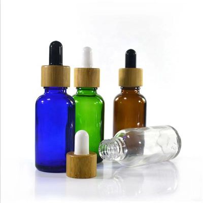 Bamboo cap 1OZ 30ml clear amber blue green glass bottle 30ml custom bamboo dropper bottle