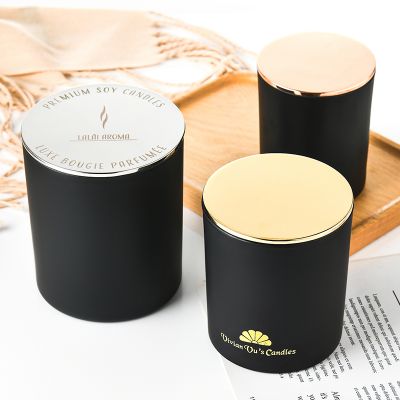 Candle jar Empty jar Matte matte black glasscandelabrum candlestick round lid Zinc alloy cover Metal lid Wood lid custom LOGO