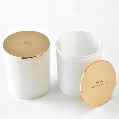 Luxury 7 oz 10 oz 15 oz frosted white glass candle jar metal gold lid custom logo