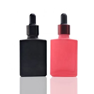 1oz Rectangular Flat Beard Oil Bottles Rectangle Frosted Matte Black Serum Dropper Square Glass Bottle 30ml With Pipette Cap