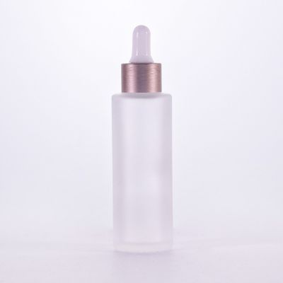 Wholesale high quality 50ml frosted transparent glass bottle with luxury rose gold brushed aluminium dropper