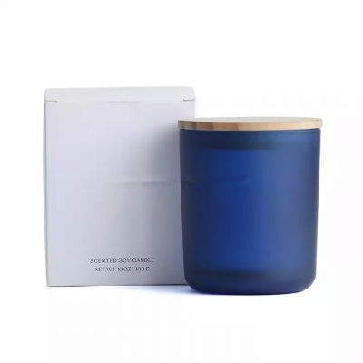 Frosted navy blue glass candle holder candle jar with wood lid and white box custom candle container supplier