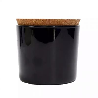Wide Mouth And Flat Base Glass Candle Jar Glossy Black Candle Holder With Cork Lid 11oz 330ml