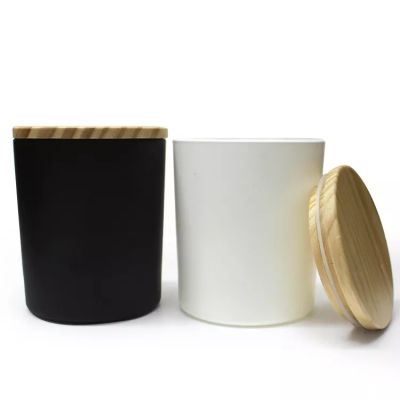 Eco-friendly fancy glass matte white or black luxury customized jars for candle Making with wood lid 12OZ 13OZ 14OZ