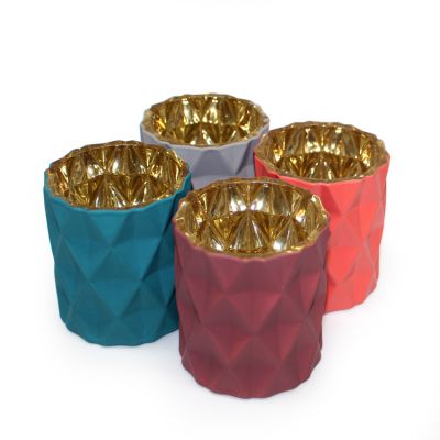 8.6cm*14xm*400g diamond shaped matte blue,green,red colored inner plating glass candy jar container with lid