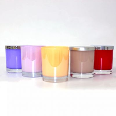 home decoration colored amber red purple candle glass jar with metal lids luxury glossy glass cylinder candle vessel