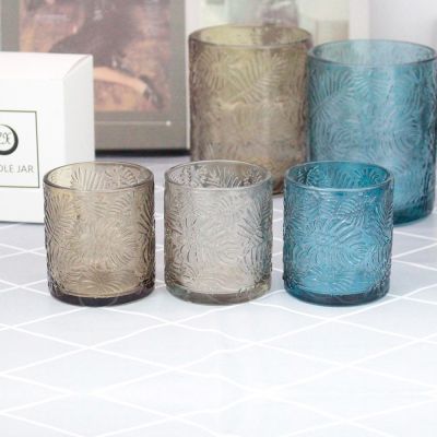 custom wholesale 6oz 11oz 20oz Translucence Blue Khaki Embossed Leaf pattern glass candle jar for candle making