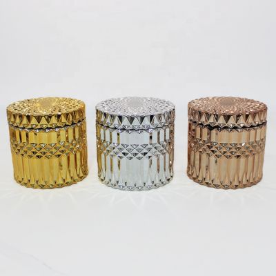 13 oz 14 oz 15 oz mirror reflective ribbed glass candle holder with lid luxury rose gold silver prism candle container