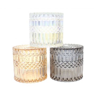 iridescent pearlized holographic glass round candle vessel with glass lid for Candle Making in bulk /home decor wedding