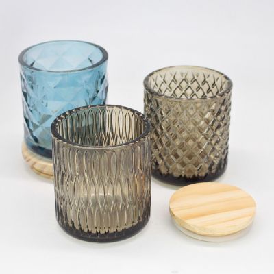 7 oz 8 oz translucence diamond hobnail stripe embossed surface textured amber bule glass candle jar holder