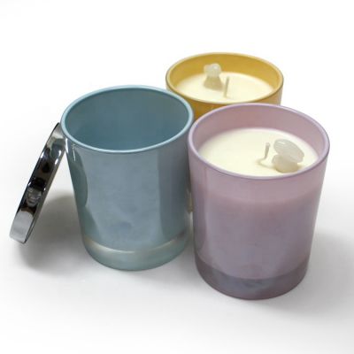custom 300ml 10OZ Colorful cylinder candle holder colored glass candle jar with metal lid glossy thick base wholesale