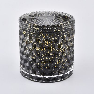 440ml cylinder diamond effect black glass candle vessel with lids in bulk