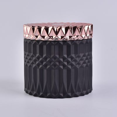 Matt black geo cut diamond glass candle holder with lids for wholesale